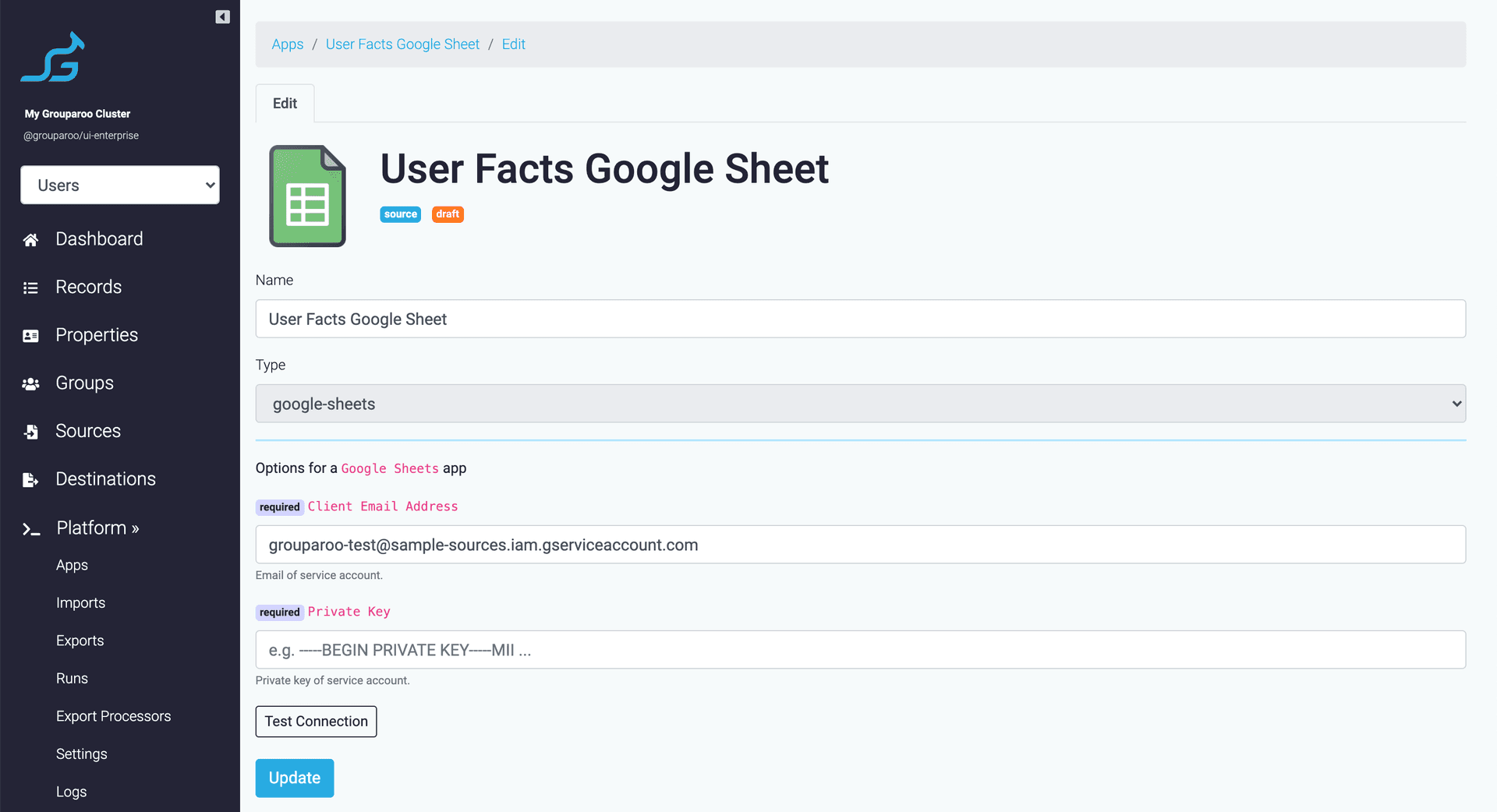 Grouparoo Google Sheets settings