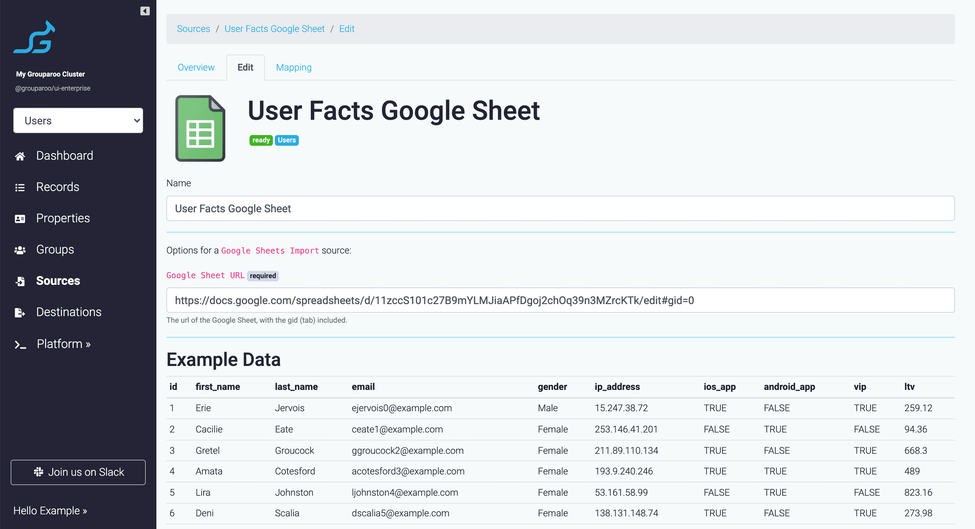 Grouparoo Google Sheets source settings