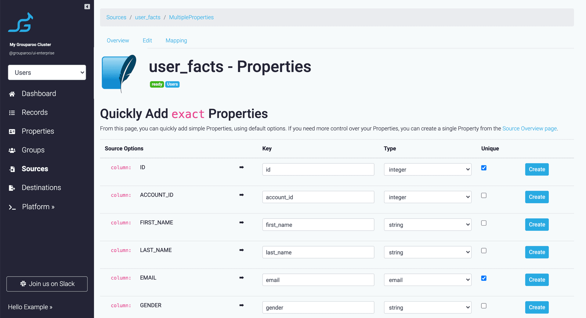 Grouparoo Table Source settings