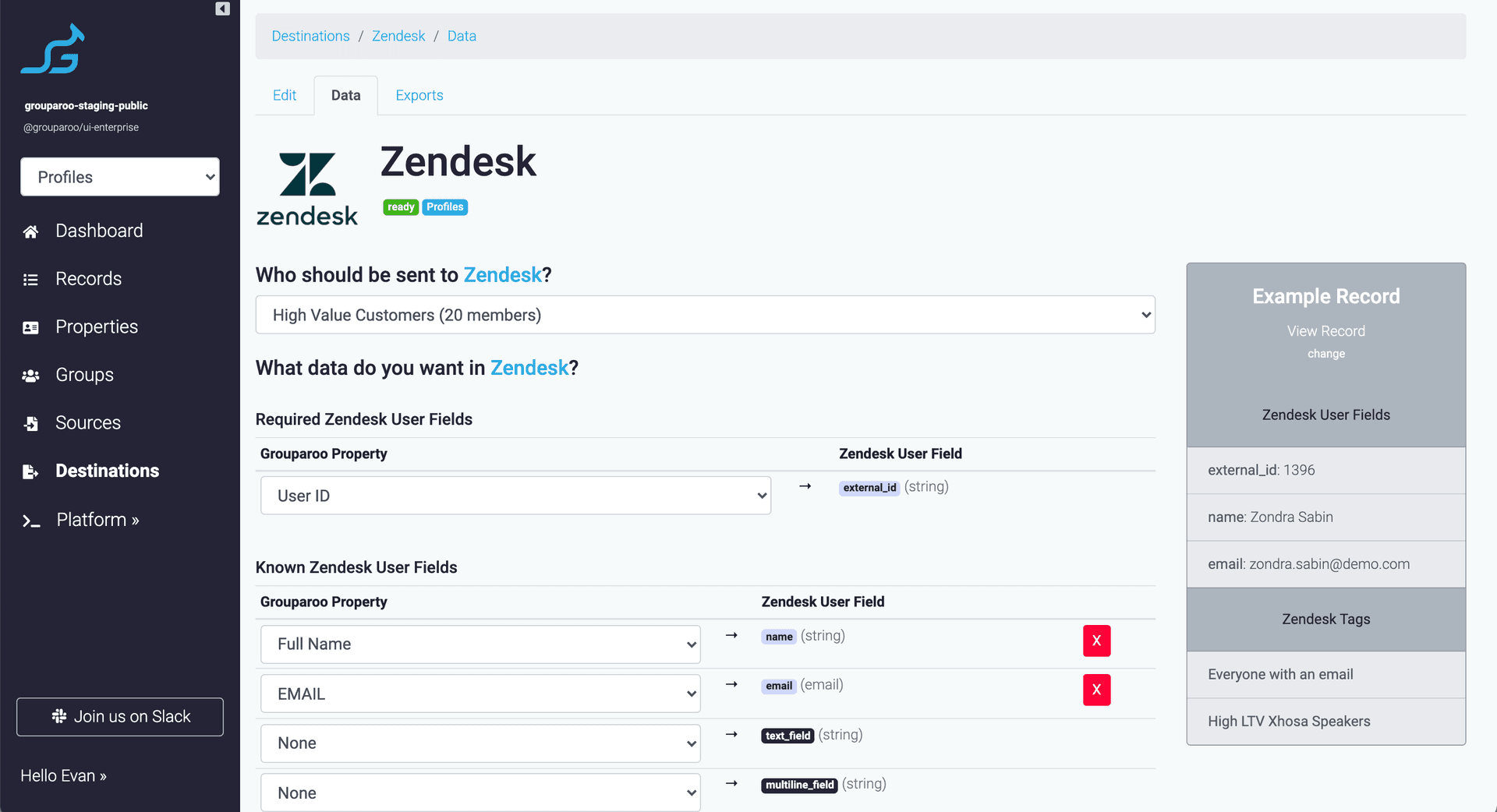 Zendesk Destination settings